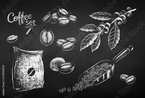 Vector black and white chalk drawn coffee set