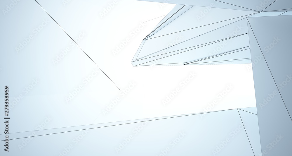Drawing abstract architectural white interior of a minimalist house with large windows. 3D illustration and rendering.