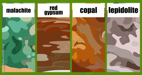 Set of square brochures with the image of the surface of the four minerals. Rectangle template brochure, report, catalog, magazine. Abstract background.