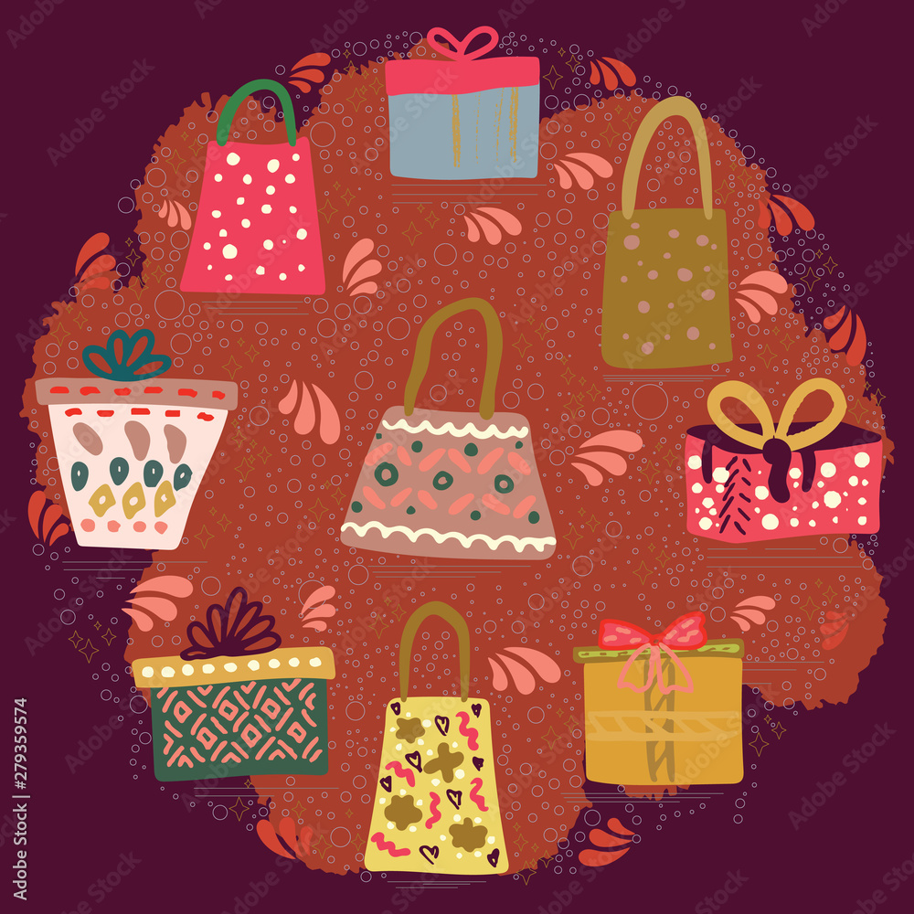 Circle shape with gifts and presents on textured brown background