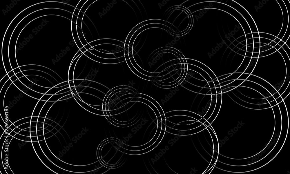 Fototapeta premium Abstract dark futuristic background with glowing neon circles and waves. Vector black and white illustration. 