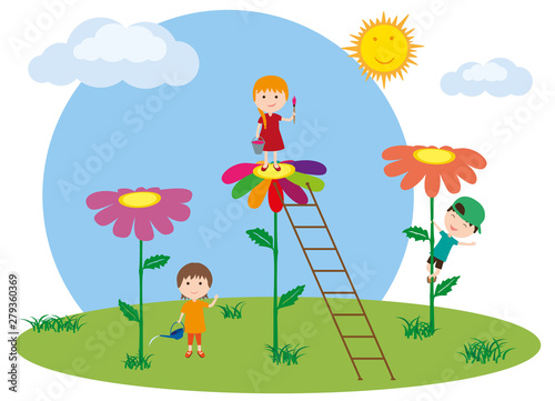 Children play on the lawn a...