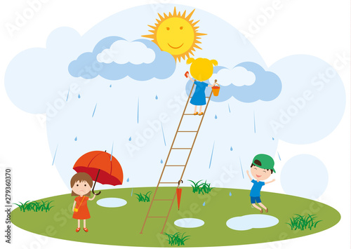 Children play in the rain. ...