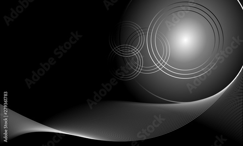 Abstract dark futuristic background with glowing neon circles and waves. Vector black and white illustration. 