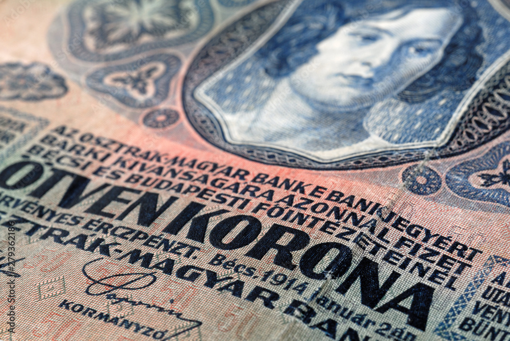 Fragment of fifty crowns banknote of the Austrian Empire 1914 selective focus. Shallow depth of field
