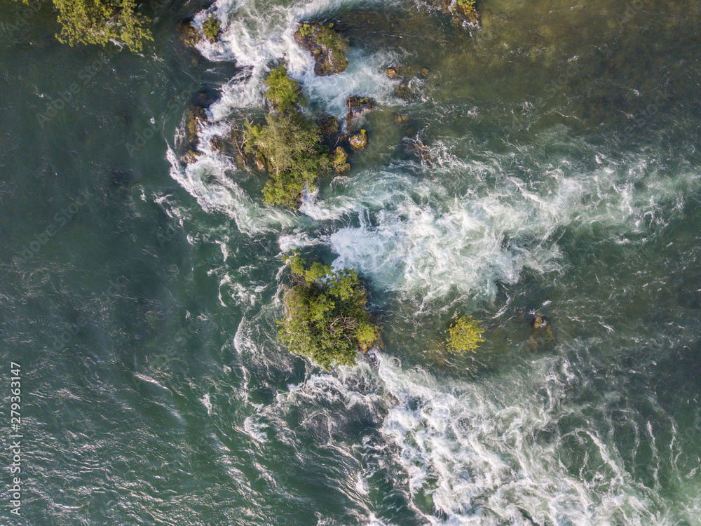 Aerial view of rapids in Rhine river in Switzerland.