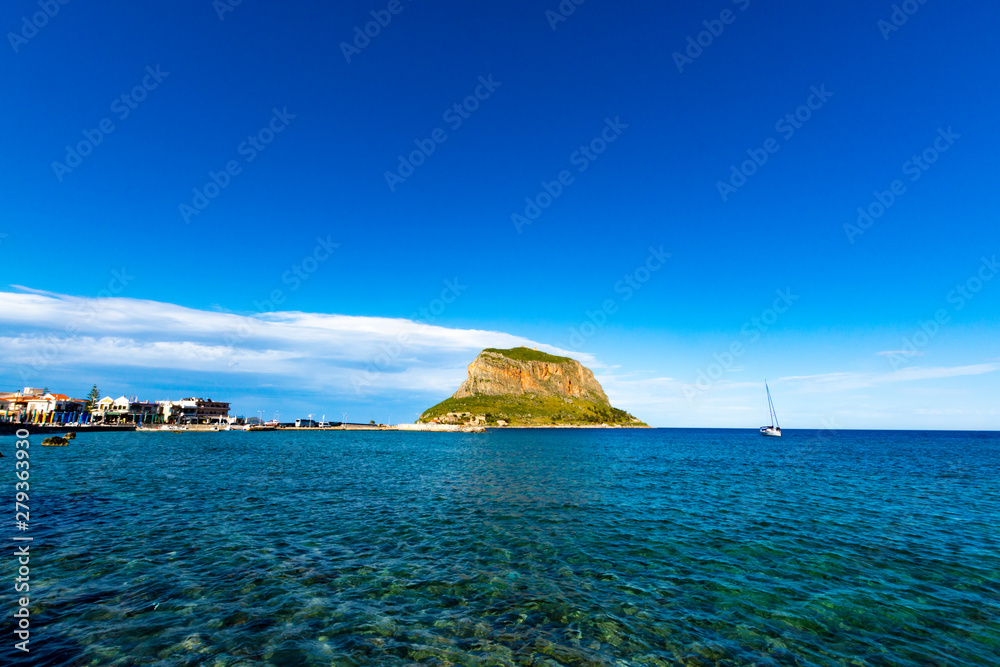 Fototapeta premium Protected ancient fortress on island rock Monemvasia, view from mainland, Peloponnese treasures, Greece