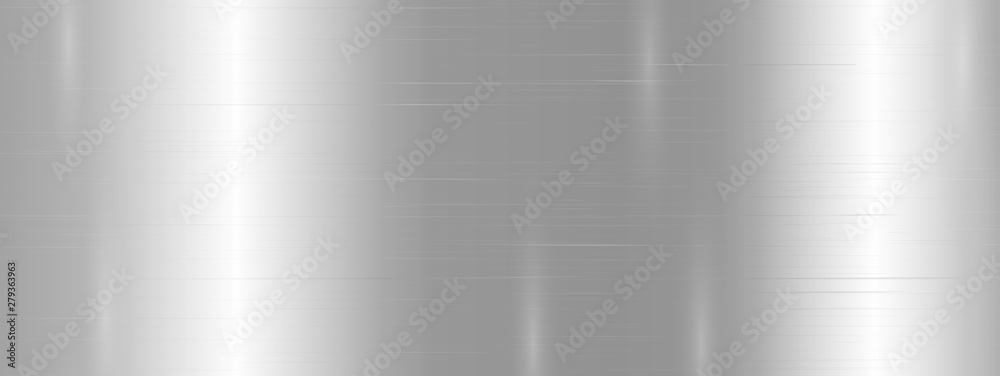 Brushed and polished aluminum or stainless steel plate with reflections and lights on the metal background