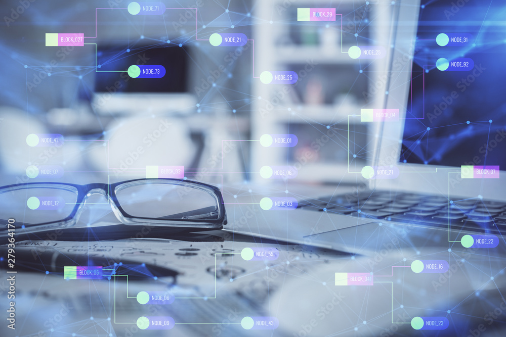 Data tech hologram with glasses on the table background. Concept of technology. Double exposure. Data tech hologram with glasses on the table background. Concept of technology. Double exposure.