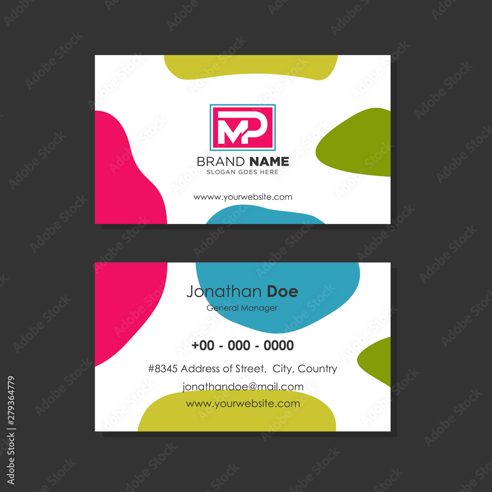 Fototapeta premium abstract liquid background with flat color is blue, pink, yellow and green. Applicable for design business card with initial logo m and p letter negative space in square.