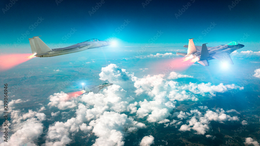F-15 squadron flying in the clouds. F-15 eagle models. 3d rendering. Military aircraft in flight F-15 squadron flying in the clouds. F-15 eagle models. 3d rendering. Military aircraft in flight