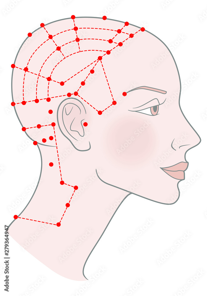 Active acupuncture points on the profile template Girl with shaved bald