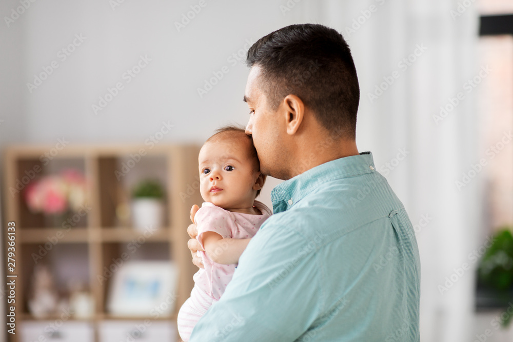 family, parenthood and fatherhood concept - middle aged father with little baby daughter at home - obrazy, fototapety, plakaty 