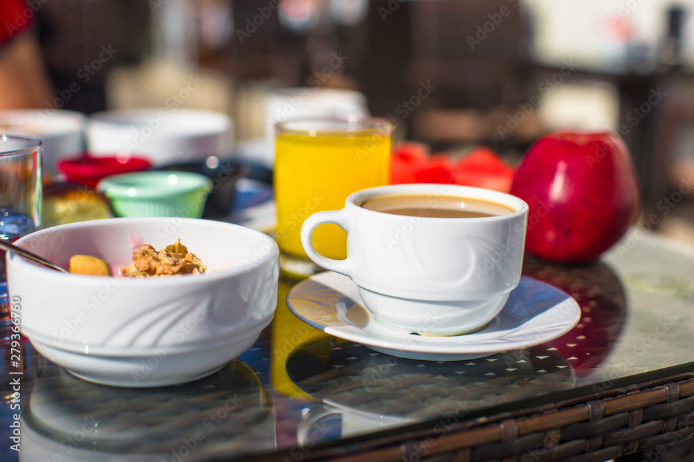 Healthy breakfast on the table close up in restaraunt resort