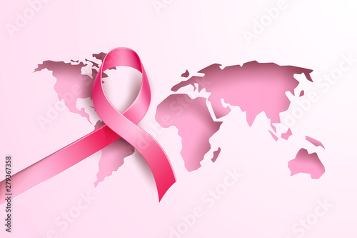 World breast cancer awareness. realistic pink ribbon on earth planet with continents map background. Women health care support symbol. female hope satin emblem. Vector illustration