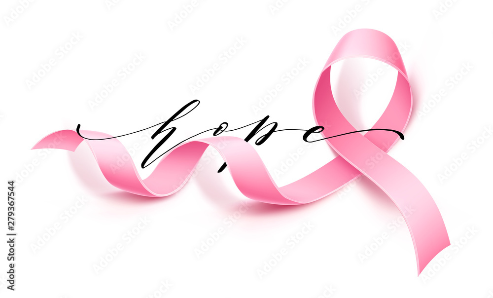 Breast cancer awareness poster template with hope inscription realistic pink ribbon on isolated white background. Women health care support symbol. female hope satin emblem. Vector illustration