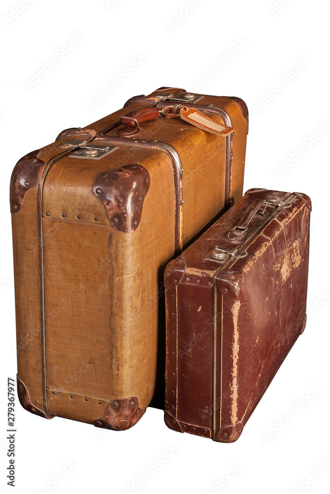 Fotografie two old-fashioned scratched brown suitcases - white, isolated