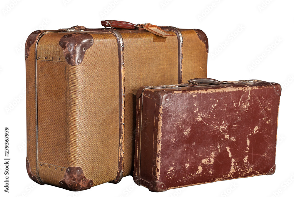 Αυτοκόλλητο two old-fashioned scratched brown suitcases - white, isolated
