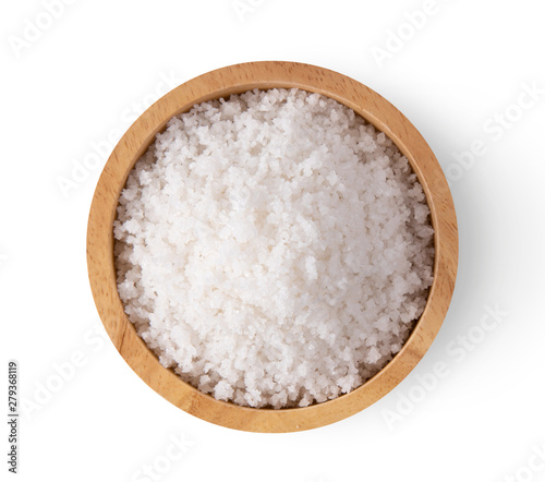 salt in wood bowl isolated on white background. top view