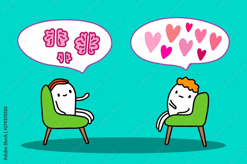 Psychotherapy session hand drawn vector illustration in cartoon style. Men sitting in chairs talking about brain against passion Psychotherapy session hand drawn vector illustration in cartoon style. Men sitting in chairs talking about brain against passion