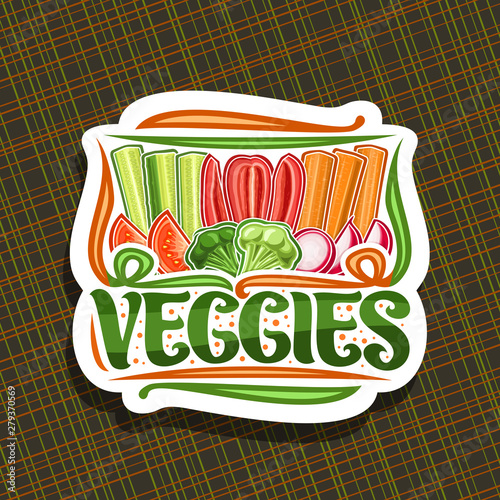 Vector logo for Veggies, cut paper sign with illustration of raw vegetables set in a row, decorative typeface for word veggies, signboard for farmer shop with different chopped vegetables flat lay.