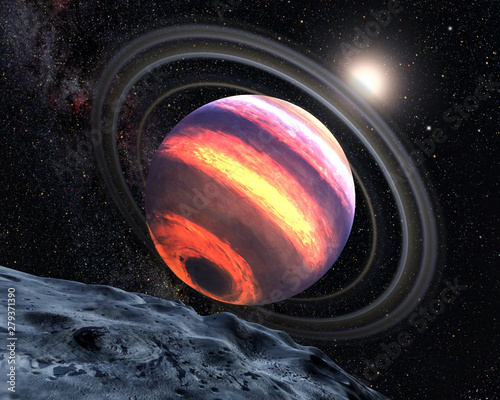 Exo planet with lava stripes and rings in outer space, view from its moon. Elements of this image furnished by NASA.