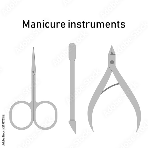 Set iron tools for manicure, nail treatment. Scissors, pusher and nippers. Vector illustration