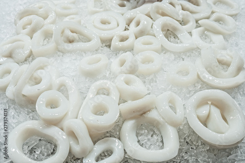 Squid rings on ice at the market stall