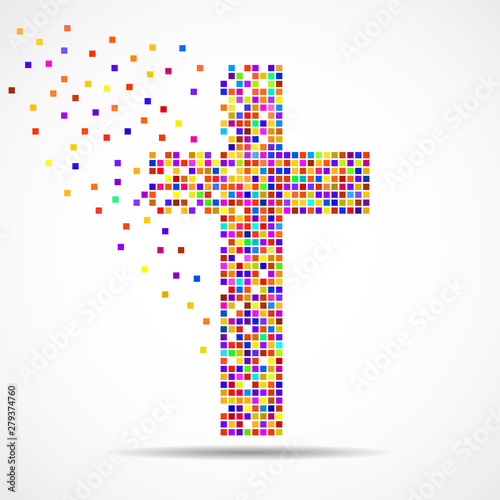 Abstract colorful cross of pixeles. Christian Symbol. Vector