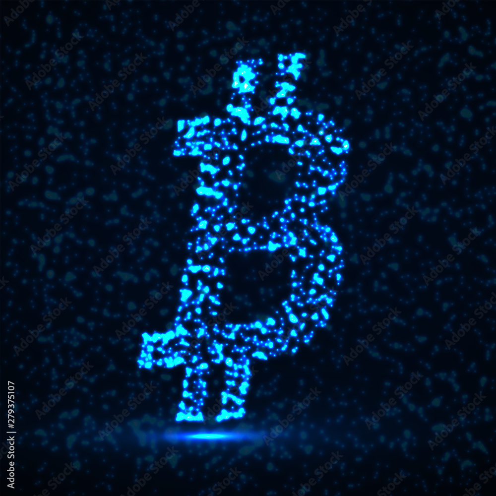 Abstract sign bitcoin of glowing particles, payment system, abstract sign Abstract sign bitcoin of glowing particles, payment system, abstract sign