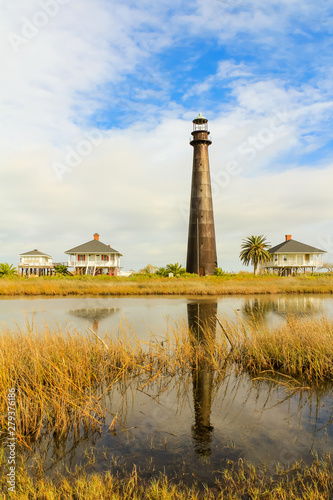 Vertical Image Bolivar Point Lighthouse, Galveston, Texas Reflecting in Water