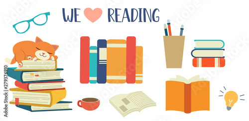 Collection of cat with a pile of book set. The pile of book set. A cute character of cat with the book.we love reading. element of book. cute cat in flat vector design style.