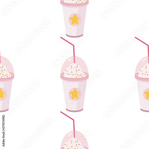 Coffee in paper cup take-away seamless pattern. Summer cold frappuccino coffee with whipped cream.