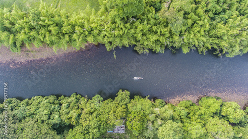 Aerial view of shipping riverin Rio de la Miel, Colombia. Crossing the rain forest photo