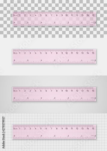 Realistic pink plastic transparent ruler 15 centimeters