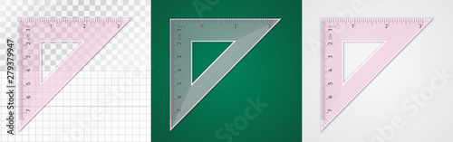 School supplies. Measuring tool. Pink plastic transparent equilateral triangular ruler 7 cm and 3 inch for drawing lines, especially 90 and 45 degrees. Application examples on different backgrounds photo