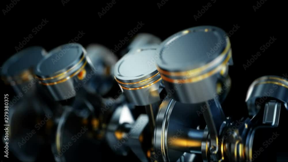 Seamless close-up of engine in slow motion, pistons and valves.