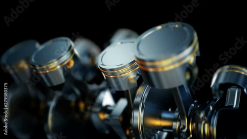 Seamless close-up of engine in slow motion, pistons and valves.