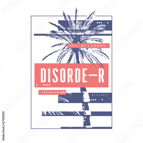 Graphic summer t-shirt design with the hand drawn palm tree. Vector illustration