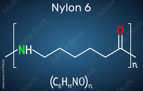 Nylon 6 or polycaprolactam polymer molecule. Structural chemical formula on the dark blue background
