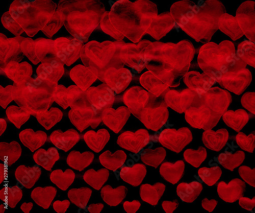 Red hearts abstract background. Hand drawn. Watercolor. Design for Valentines Day, gift paper, textile, covering design.