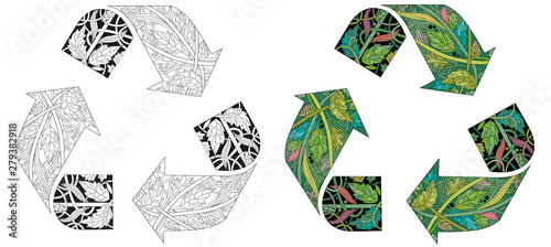 Recycle icon illustration for coloring. Vector decorative zentangle object. Color and outline set