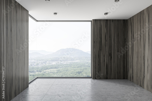 Empty dark wooden wall room interior with window © ImageFlow