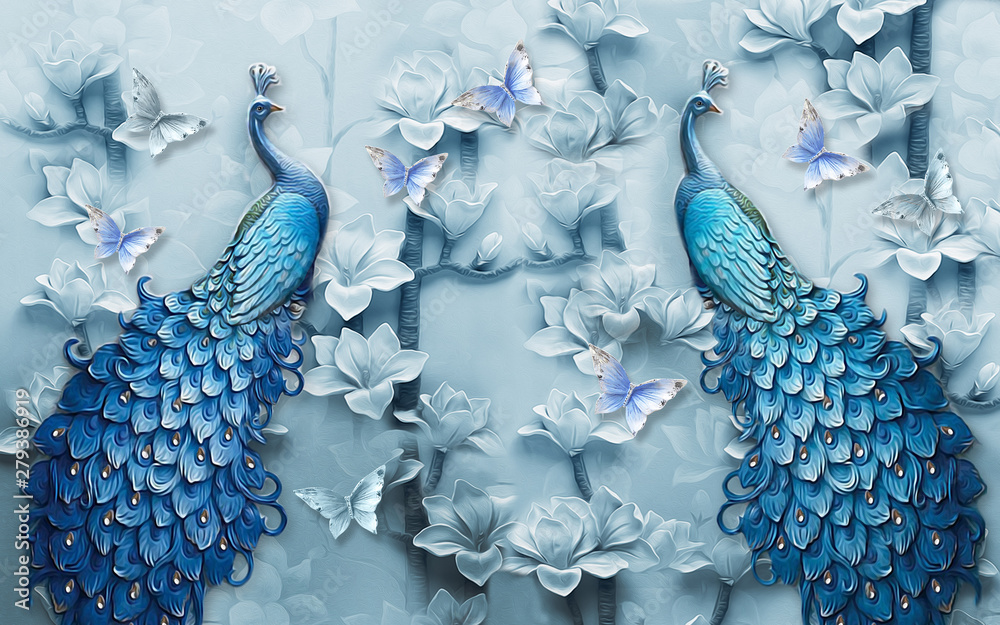 3d mural background blue peacock wallpaper with butterfly - obrazy, fototapety, plakaty 