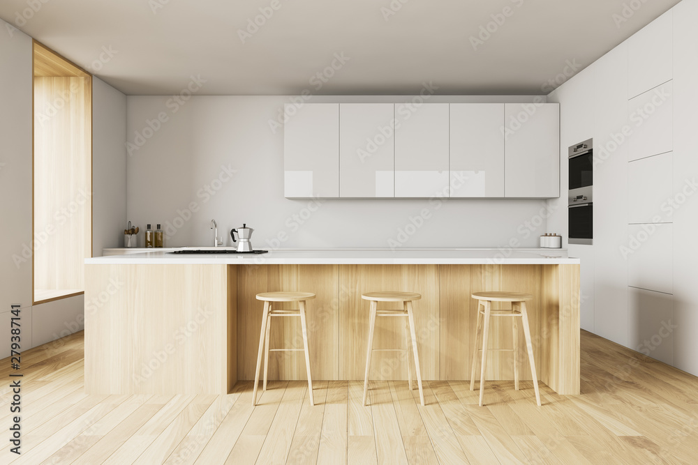 White kitchen interior with bar White kitchen interior with bar