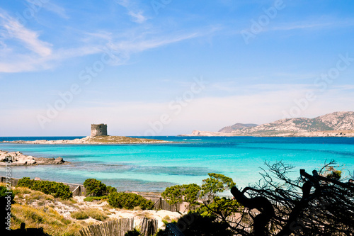 Stintino, La Pelosa, Pelosa, Strand, Turm, Torre del falcone, capo falcone, Granitfelsen, Sommer, Sardinien, Mittelmeer, Italien, Ausflugsziel, Tourismus, Sehenswürigkeit, Urlaub, Strand