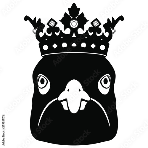 Stylized face of a bird in a royal crown. Sea gull portrait. Black and white silhouette. Flat logo emblem. Fantastic character.