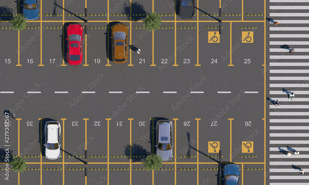 Car parking lot with road markings and numbering parking spaces