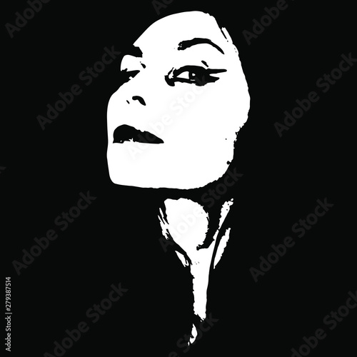 Portrait of a beautiful young woman in dark. Black and white high contrast silhouette.