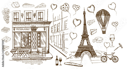 Set of hand drawn French icons, Paris sketch illustration